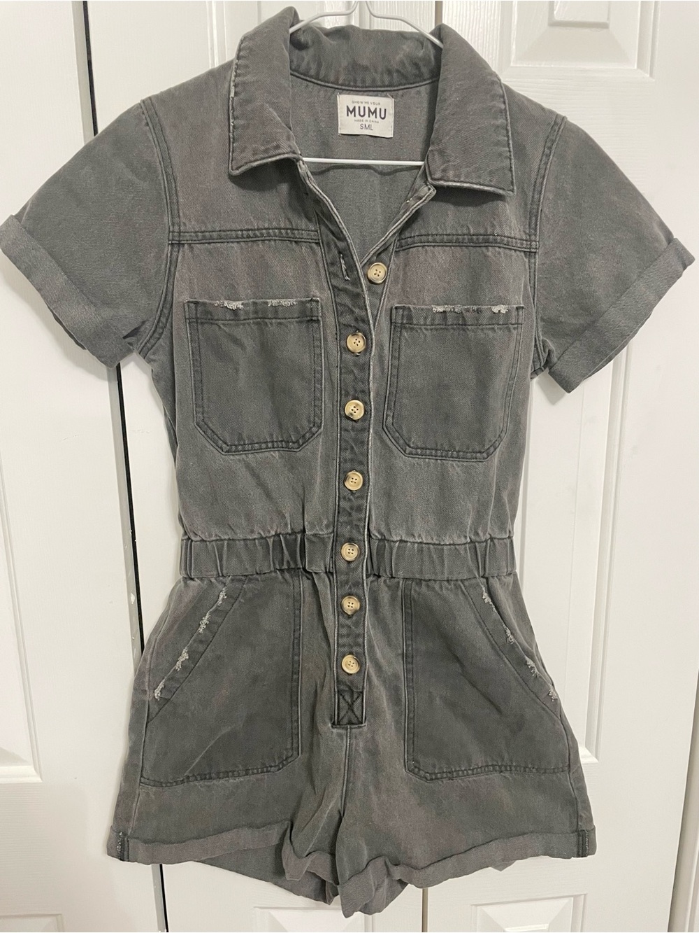 Show Me Your MuMu Washed Gray Short-Sleeve Romper